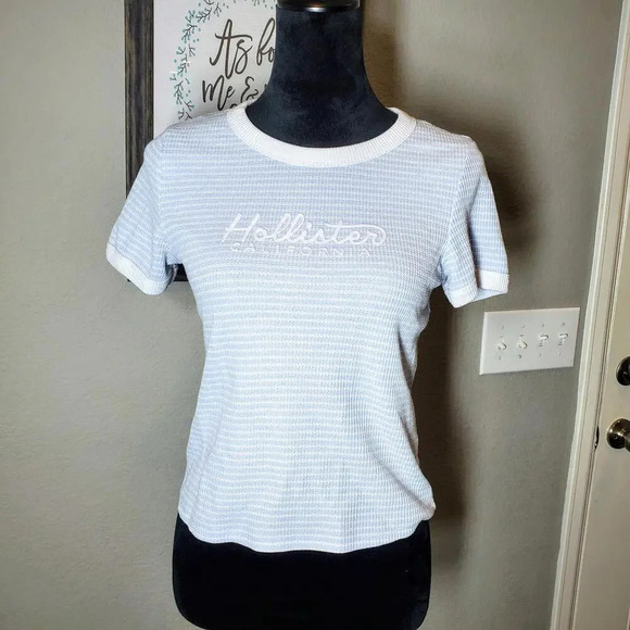 Hollister Ribbed Blue and White Cropped Striped T-Shirt Juniors Size XL - Picture 9 of 15